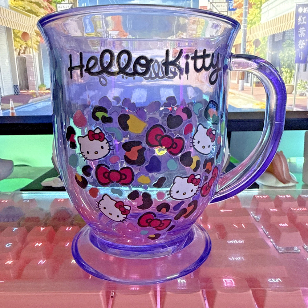 Sanrio Hello Kitty Clear Glass Mug Purple Leopard Heart Print 15oz 2024 READ
